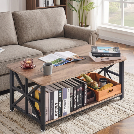 40" Farmhouse Coffee Table, Rectangle Coffee Table with Open Storage Compartment, Wooden Rustic Cocktail Table for Living Room, Bedroom, Apartment, Studio, Brown & Black