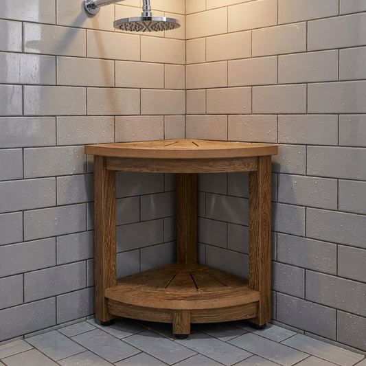 Corner Shower Bench, 16.5" Height 12.8" Radius, Faux Wood Grain Polystyrene, 350 LBS with Storage Shelf, Water Resistant, Shower Stool for Inside & Outside Shower, for Bathroom, Living Room