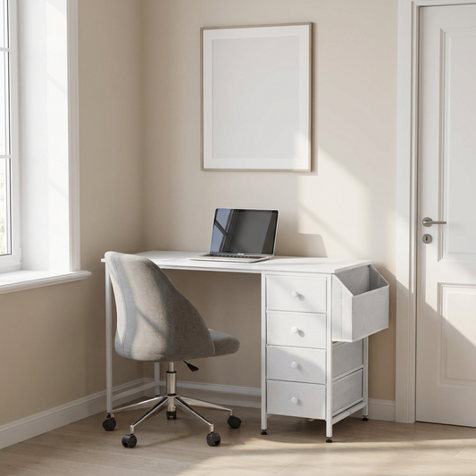 Computer Desk with Fabric Drawers, 120 cm Reversible Study Work Writing Desk for Modern Home Office Bedroom, Simple Modern Cute PC Table Metal Frame Business Furniture, White