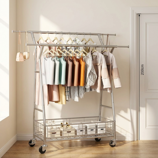 Clothes Rack, Rolling Clothing Garment Rack with 2 Hanging Rods and Storage Basket, 150 kg Load Capacity, Extendable Carbon Steel Clothing Racks with Wheels for Bedroom, Laundry, Living Room
