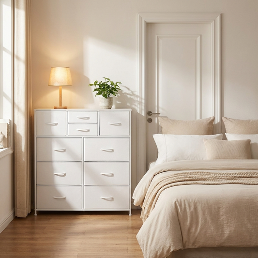 10 Drawer Dresser, Fabric Drawer Dresser with Fabric Bins, Closet Storage Drawers with Easy Pull Handle and Sturdy Steel Frame, Fabric Storage Tower for Bedroom, Hallway, Closet, Nursery, White