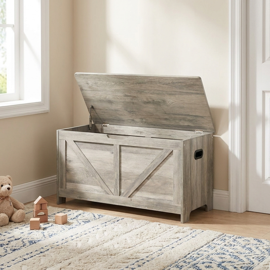 Wooden Toy Chest for Kids, Toddler Toy Storage Box with Flip-Top Lid and Safety Hinge, 38.98 x 15.55 x 18.9" Large Kids Storage Bench for Playroom, Bedroom, Living Room or Entryway, Gray