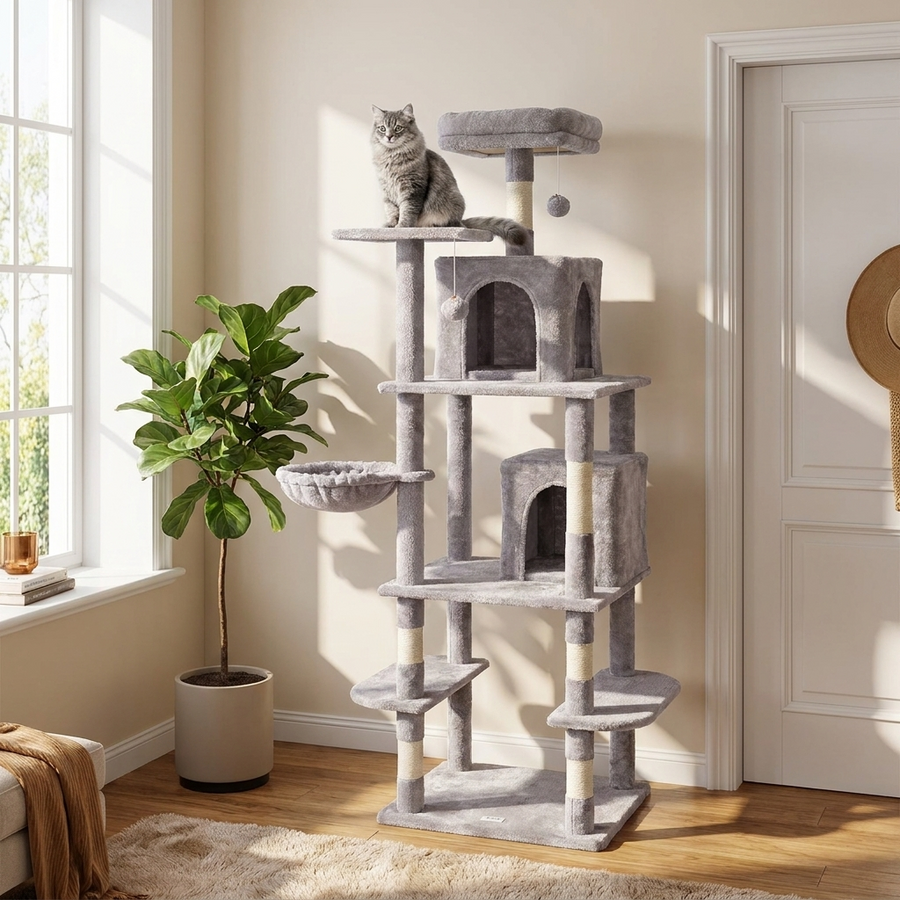 Cat Tree for Indoor Cats, 68.5" Cat Tower with 2 Cat Condos, Sisal Scratching Post, Hammock, Top Perch, Jumping Platforms, Large Cat Furniture Activity Center with Hang Ball, Light Grey