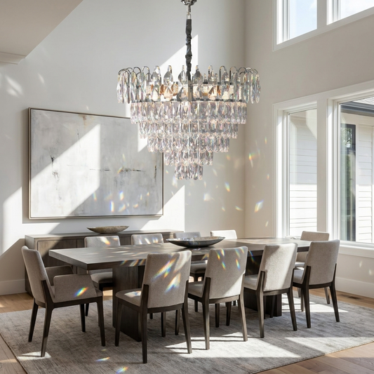 Modern Crystal Chandelier Lighting with Crystal Droplets, Chrome Finish Hanging Ceiling Lamp for Dining Room, Living Room & Entryway, Elegant Crystal Chandelier