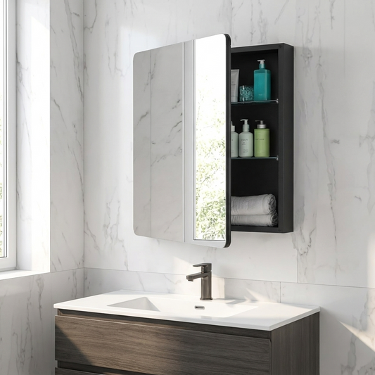 Mirrored Medicine Cabinet, 24 x 30 inch, Aluminum Frame, Wall-Mounted Bathroom Storage Cabinet with Mirror Door, Modern Functional Bathroom Furniture
