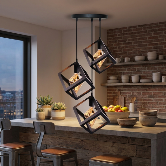 3-Head Black Square Wire Cage Bar Pendant Light, Industrial Style Multi-Head Ceiling Lamp for Kitchen Island, Dining Room & Home Bar, Modern Loft Lighting