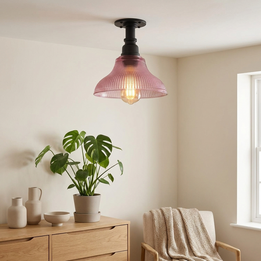 Retro Purple Glass Semi-Flush Ceiling Light, E27 Fitting, Coloured Glass Shade Fixture for Bedroom, Living Room & Hallway, Vintage Style Home Lighting