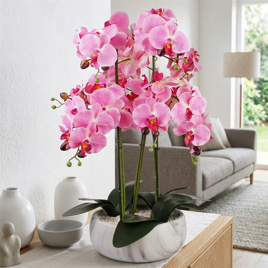 Artificial Orchid in Pink Marble Effect Ceramic Planter, Realistic Faux Flowering Plant for Living Room, Bedroom & Office Decor, Elegant Modern Home Accent