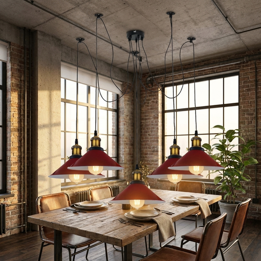 5-Way Spider Chandelier Ceiling Lamp, Multi-Arm Metal Pendant Light Fitting for Living Room, Dining Room & Bedroom, Modern Industrial Style Statement Lighting, Red