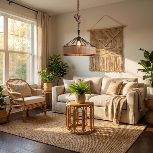 Large Hemp Rope Pendant Light, 1M Cord, Woven Natural Fiber Ceiling Fixture for Living Room, Dining Room & Bedroom, Modern Boho Style Hanging Lamp