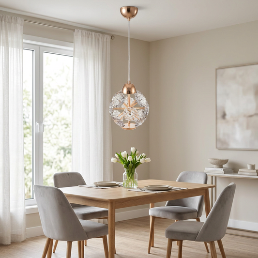 Round Crystal Glass Pendant Light, Globe Ceiling Fixture for Dining Room, Living Room & Bedroom, Modern Glam Style Hanging Lamp, French Gold