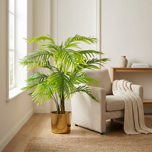 130cm Artificial Areca Palm Tree with Gold Planter, Realistic Faux Silk Leaves, Tall Indoor Potted Plant for Living Room, Office & Entryway, Modern Tropical Home Decor Accent