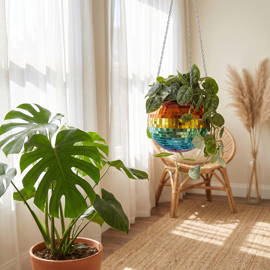 Disco Ball Hanging Planter, 8in, Rainbow Mirrored Plant Pot for Living Room, Bedroom & Patio, Fun Modern Boho Style Decor