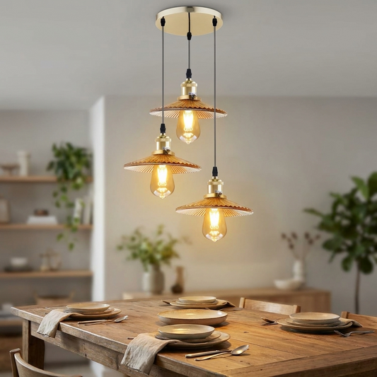 Amber Glass Retro Pendant Light, 3-Way Ceiling Shade, Multi-Head Hanging Lamp for Dining Room, Kitchen Island & Living Room, Vintage Style Fixture