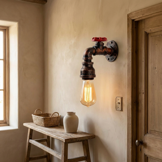 Rustic Red Industrial Pipe Wall Light E27 styled lifestyle image in a farmhouse hallway