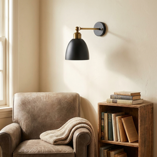 Black Industrial Adjustable Swing Arm Wall Lamp styled lifestyle image in reading nook