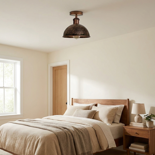 Brushed Copper Dome Flush-Mount Ceiling Light in a realistic bedroom lifestyle setting