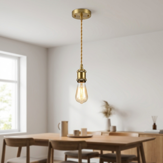 French Gold Pendant Light Holder, 1m E27 Fabric Flex Cord, Ceiling Lamp Fitting for Kitchen, Dining Room & Living Room, Modern Classic Style Lighting