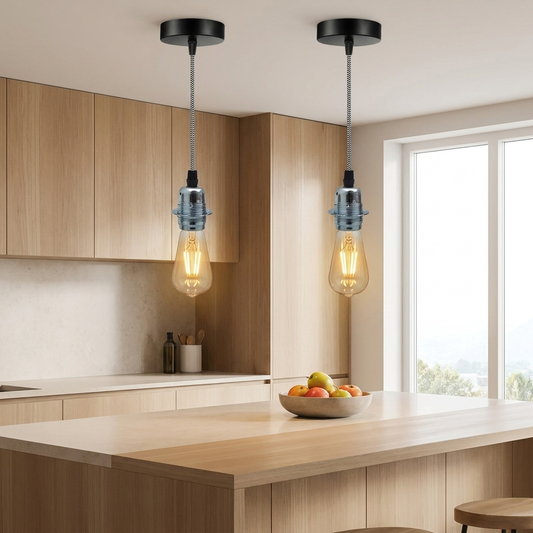 Chrome Pendant Light Holder Set, Pack of 2 - lifestyle image over kitchen island
