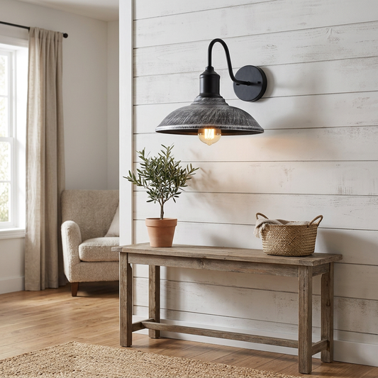 Barn Light Wall Sconce, Brushed Silver Finish - farmhouse living room lifestyle image
