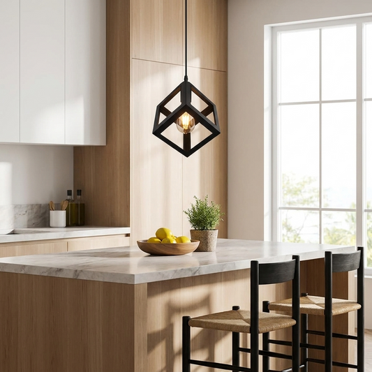 Modern Black Square Cage Pendant Light above a modern kitchen island, lifestyle scene