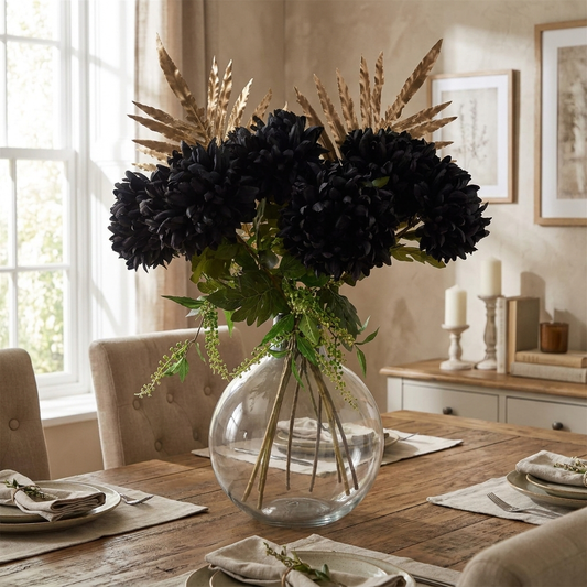 95cm Black Chrysanthemum Bundle Glass Ball Vase - dining table centrepiece lifestyle photo