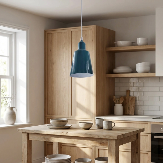 Cyan Blue Metal Dome Pendant Light hanging over a modern kitchen island, compact industrial E27 ceiling fixture