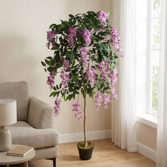 150cm Artificial Purple Pink Wisteria Tree in a living room corner - true scale lifestyle photo