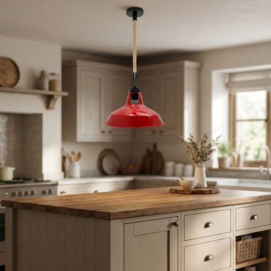 Hemp Rope Pendant Light with Metal Shade, Red, 2m Cord - kitchen island lifestyle