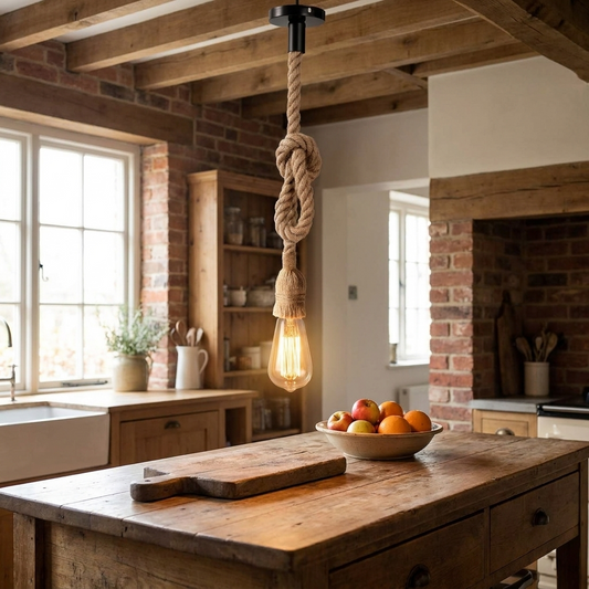 Hemp rope adjustable pendant light with double-strand rope cord and Edison bulb hanging over a rustic farmhouse kitchen island