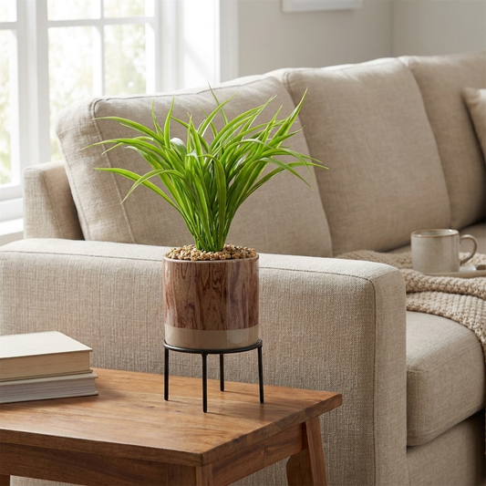 Artificial Grass Planter with ceramic pot and metal stand styled in a living room