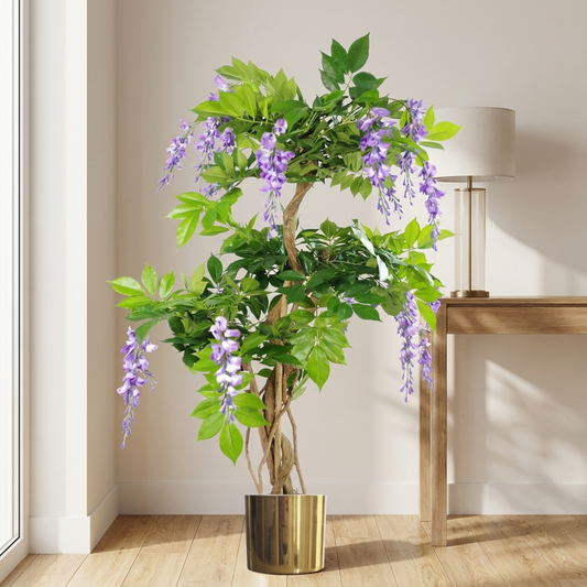 110cm Artificial Purple Wisteria Tree in gold planter - true scale entryway lifestyle photo