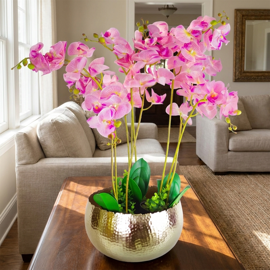 XL Artificial Orchid Set in Golden Metal Bowl Planter, 70cm, styled in a living room on a wood coffee table