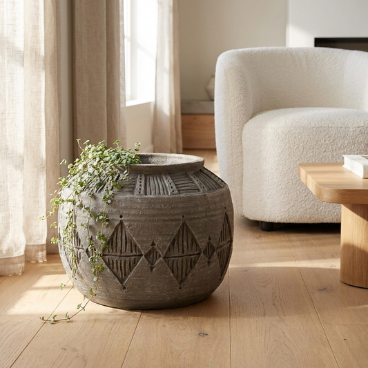 Grey composite planter, 26cm x 36cm, styled in a sunlit living room with trailing houseplant