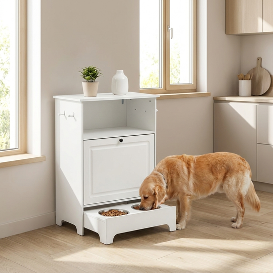Elevated Pet Feeding Station with Tilt-Out Storage Cabinet and Toy Organizer, 2 Stainless Steel Bowls