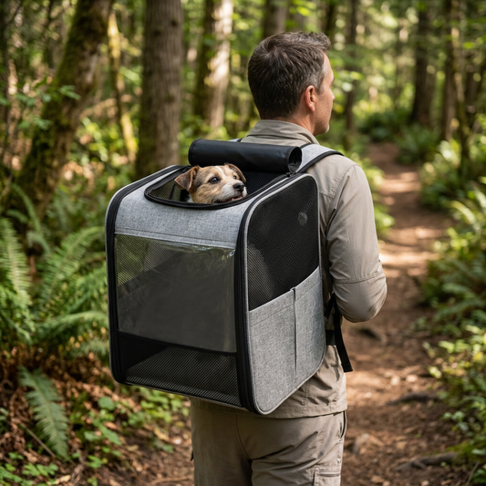 Foldable Pet Backpack Carrier with Reinforced Base, Grey - lifestyle hiking scene