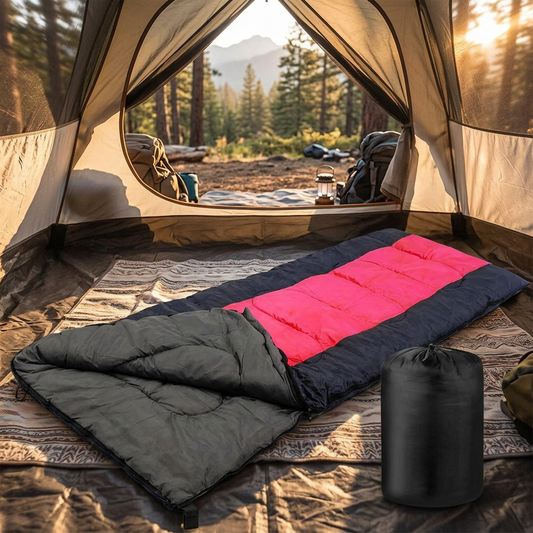 Warm Envelope Sleeping Bag with matching carry pouch, pink and navy, unrolled on tent floor with mountain forest campsite view