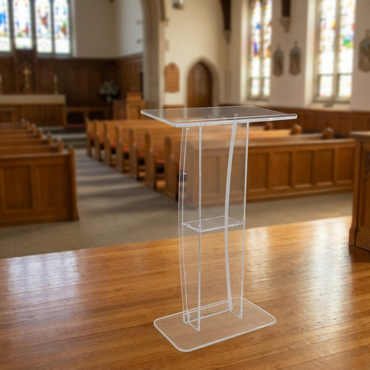 Acrylic Podium, 119 cm Tall, Clear Acrylic Podium Stand with Wide Reading Surface & Storage Shelf, Floor-standing Clear Pulpits Acrylic for Church Office School