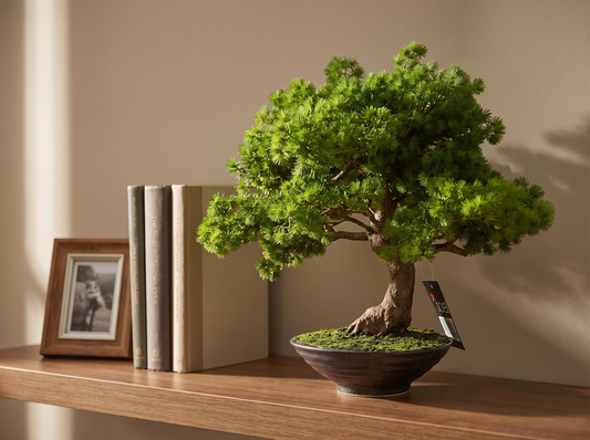 Artificial Luxury Pine Bonsai Tree on living room shelf