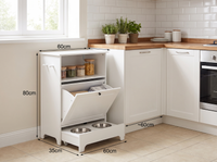 Elevated pet feeding station in a kitchen corner