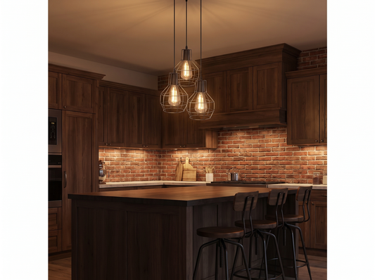 3-Light Industrial Wire Cage Pendant Light - staggered over kitchen island