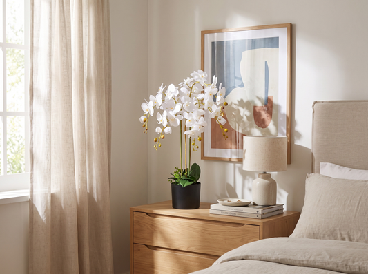 Artificial White Orchid 85cm - bedroom dresser lifestyle