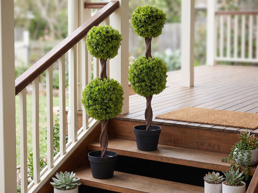 Pair of Green Double Ball Topiary Trees on a porch staircase, corrected 90cm scale