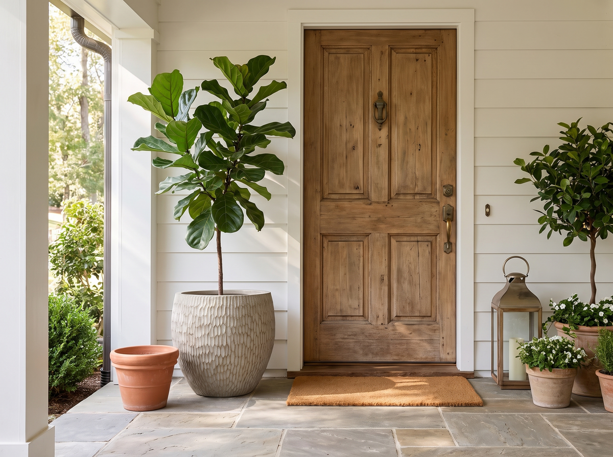Large Embossed Stone Composite Planter beside a front door, slightly larger 43cm scale