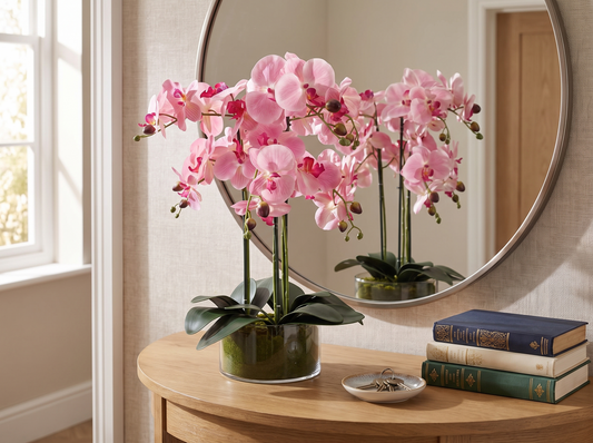 Artificial Pink Orchid in Glass Planter - entryway console mirror scene