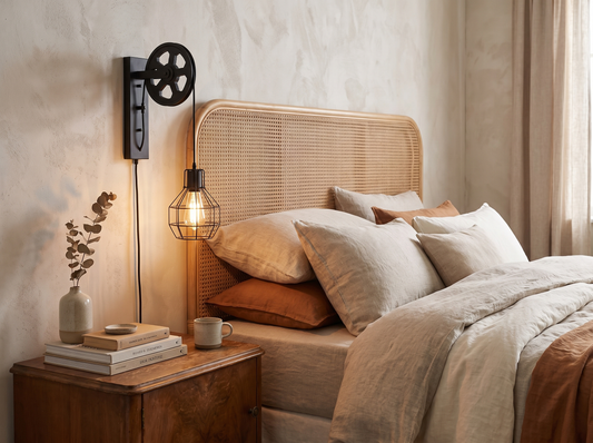 Industrial Pulley Wall Light - bedside reading scene with layered bedding