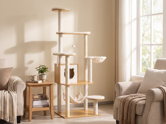 Large Cat Tree 68.9in - reading nook in-use shot