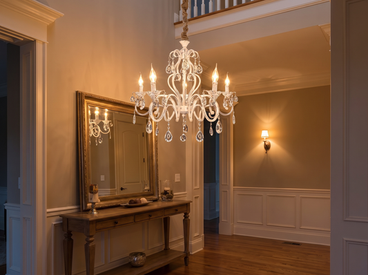 Vintage White Candle Chandelier - elegant hallway
