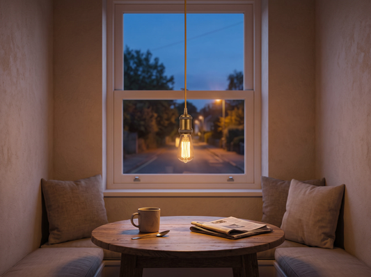 Yellow Brass Flex Pendant Light - breakfast nook at dusk