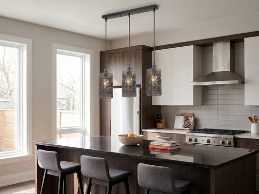 3-Way Retro Cage Pendant Light Brushed Silver - kitchen island (corrected)